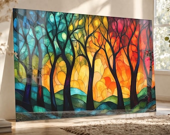 Stained Glass Forest Tempered Glass Wall Art, Modern Nature Decor
