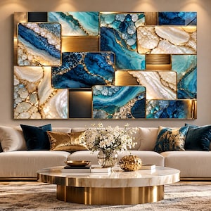 May include: A large rectangular wall art piece composed of multiple panels featuring abstract blue and white agate-inspired patterns with gold metallic accents. The artwork displays a layered, geometric arrangement with integrated warm lighting.