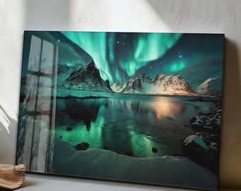 Aurora Borealis Tempered Glass Wall Art: Northern Lights Lake Scene