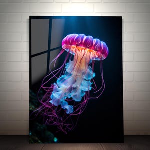 Neon Jellyfish Wall Art on Tempered Glass – Ocean Life Large Wall Decor - Glowing Jellyfish Home Decor - Coastal Glass Art - nautical gifts