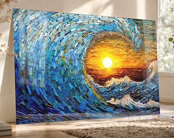 Ocean Wave Tempered Glass Wall Art-Stained Glass Mosaic Coastal Decor