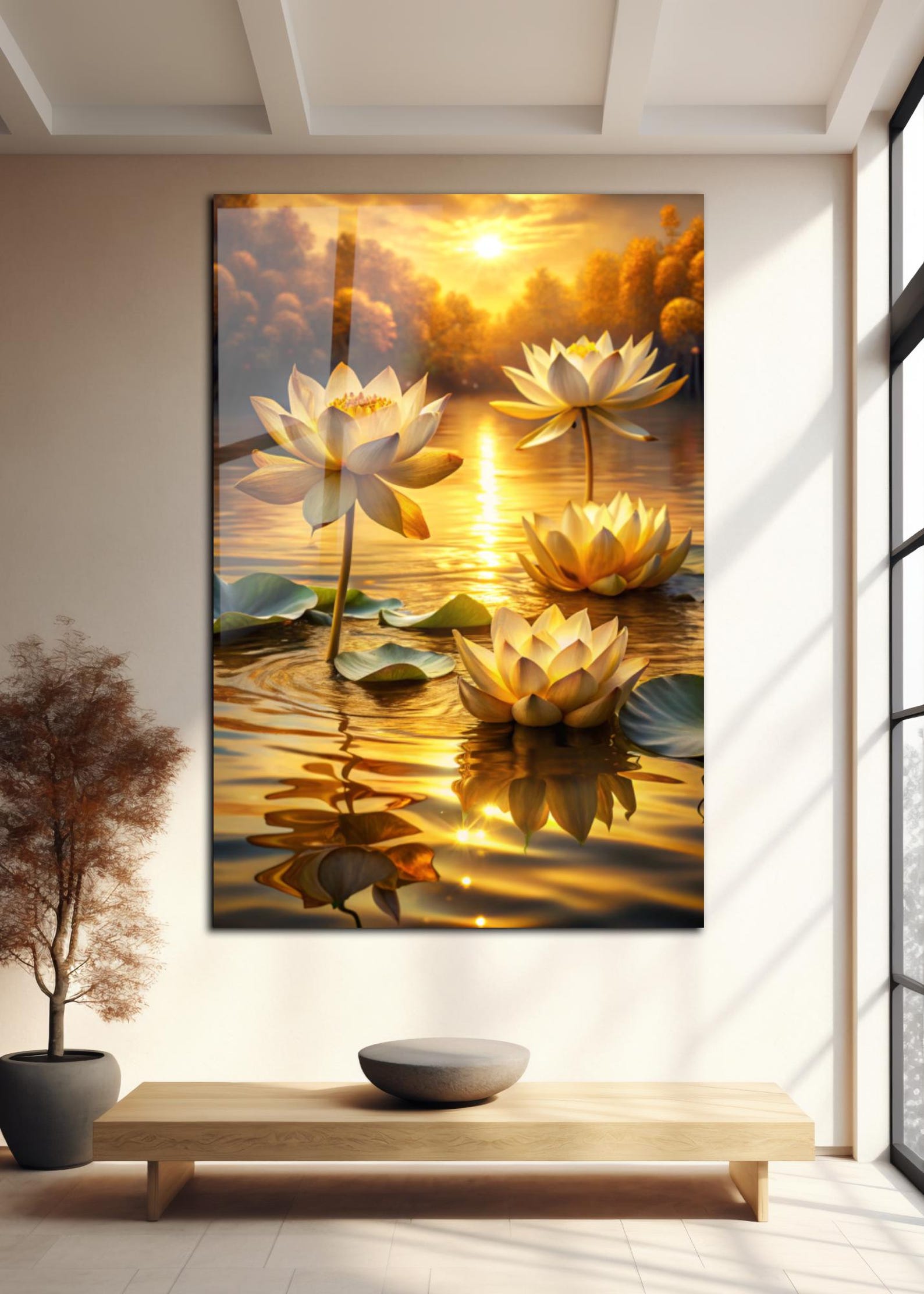 White Lotus Sunset Tempered Glass Wall Art: Zen Meditation Decor - Etsy