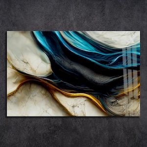 Abstract Agate Blue Gold Marble Wall Art , Alcohol ink Wall Art , Blue Marble Wall Art , Extra Large Wall Art , Tempered Glass Wall Art
