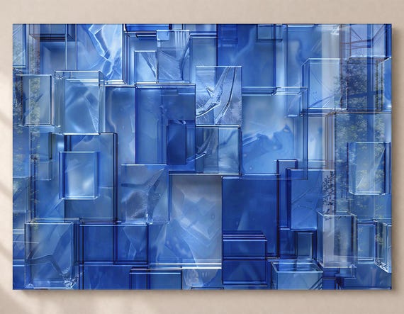 Blue Geometric Tempered Glass Wall Art, Modern Abstract Panel