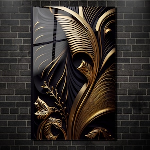 Black & Gold Floral Wall Art -Tempered Glass Wall Art - Elagance Glass Panel - Luxry Home Decor - Large Wall Decor -Wall Hangings -Home Gift