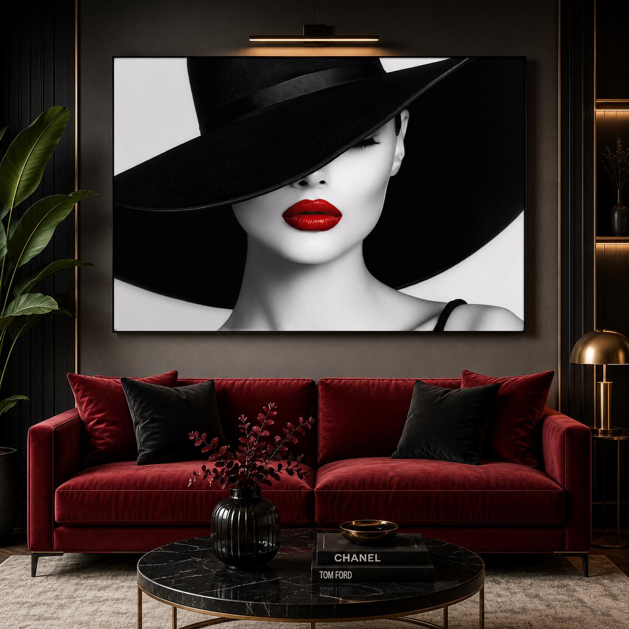 Tempered Glass Wall Art, Fashion Woman Portrait, Red Lips Black