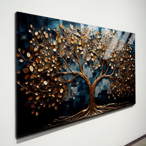 Blue And Gold Life of Tree Glass Wall Art - Tempered Glass - Floral Wall Decor - Glass Printing -Modern Wall Art - Livingroom Wall Decor