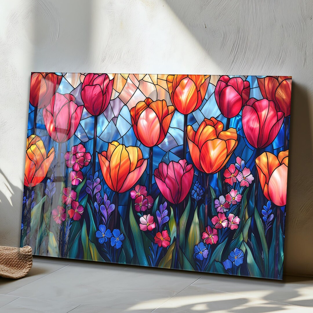 Stained Glass Style Tulip Tempered Glass Wall Art – Floral Home Decor ...