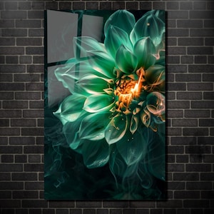 Green Abstract Flower Painting on Tempered Glass-Extra Large Wall Art-Panoromic Wall Art-Floral Wall Art-Housewarming Gift-Wall Hangings