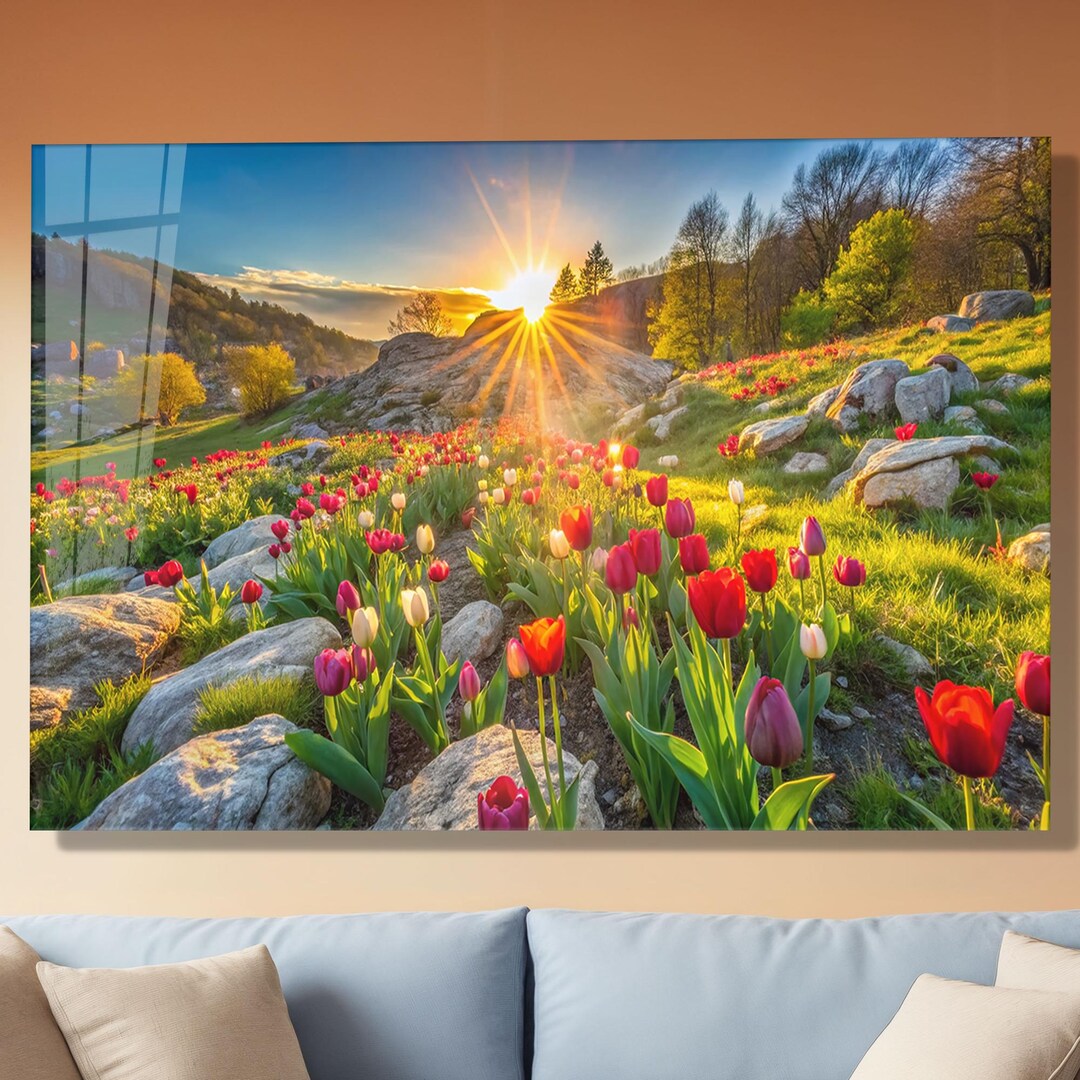 Sunset Tulip Field Tempered Glass Wall Art – Vibrant Floral Spring ...