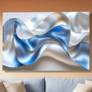 Blue Silver Abstract Tempered Glass Wall Art: Modern Metallic Decor