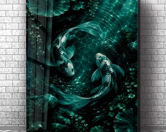 Emerald Koi Fish Glass Wall Art, Japanese Zen Pond Decor, Green Tempered Glass Art, Luxury Bathroom Wall Decor