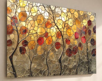 Autumn Tree Tempered Glass Wall Art, Stained Glass Style Mosaic Decor, Colorful Botanical Wall Art