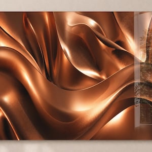 Puede incluir: Obra de arte abstracta con formas fluidas de bronce metálico con luces y sombras. La imagen tiene un acabado brillante, creando una sensación de profundidad y movimiento. La obra de arte es una pieza decorativa moderna.