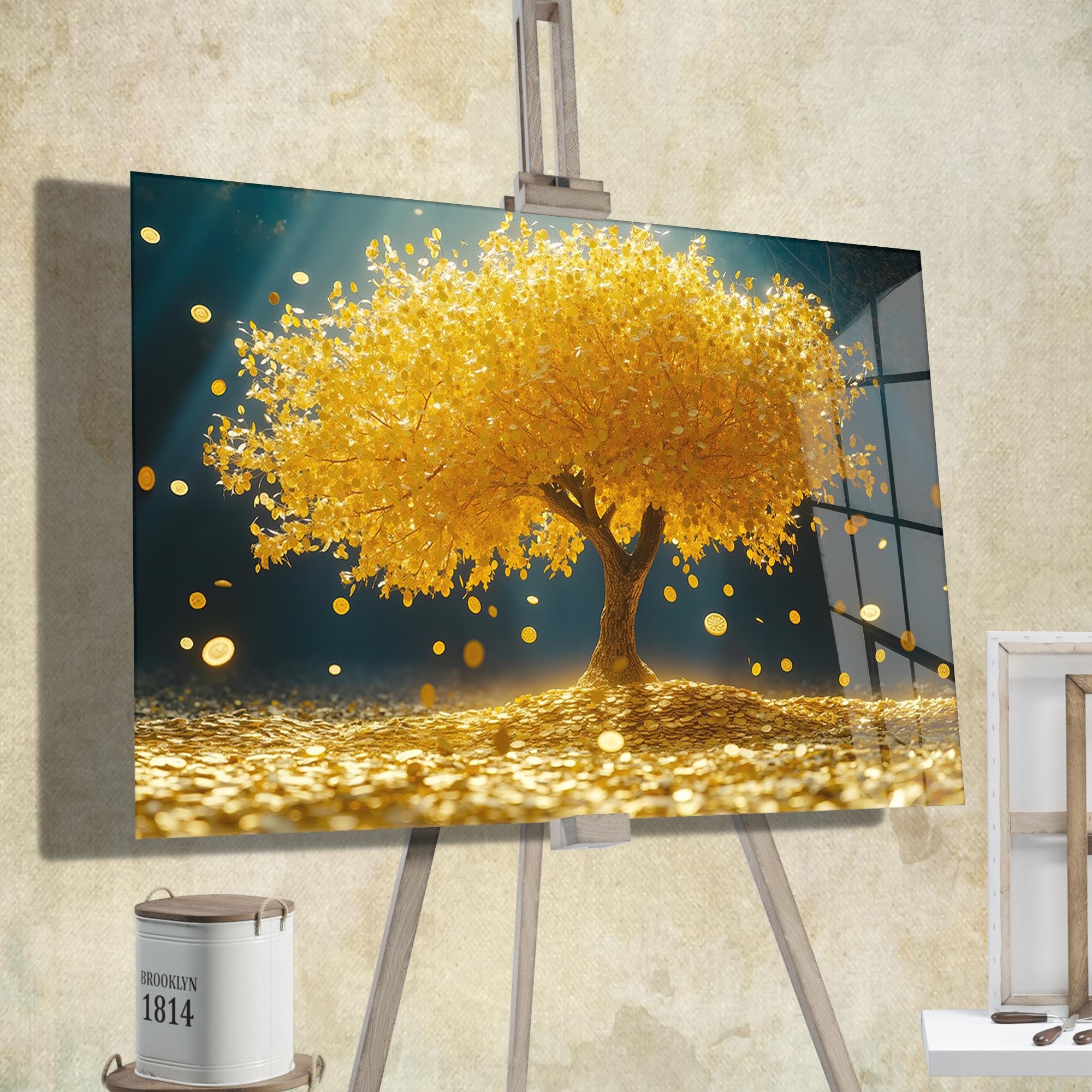 Golden Money Tree Feng Shui Tempered Glass Wall Art - Abundance