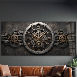 Steampunk Tempered Glass Wall Clock, Oversized Industrial Gear Clock, Silent Modern Wall Art Clock,Extra Large Home Decor