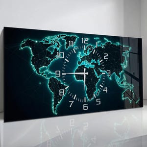 Wandklok met wereldkaart van gehard glas, lichtgevend modern kantoordecor (50 x 110 cm)