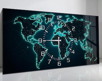 Tempered Glass World Map Wall Clock, Luminous Modern Office Decor (50x110 cm)