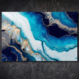 Blue Marble Glass Wall Art, Gold Glass Art,Navy Blue Marble Wall Decor, Tempered Glass, Abstract Blue Marble Art, Abstract Blue Glass Print