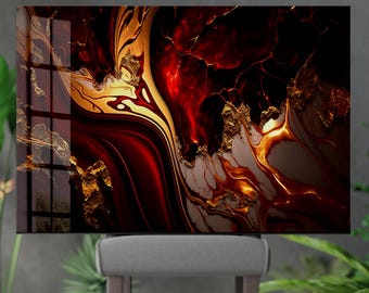 Red and Gold Marble Tempered Glass Wall Art: Abstract Home Decor