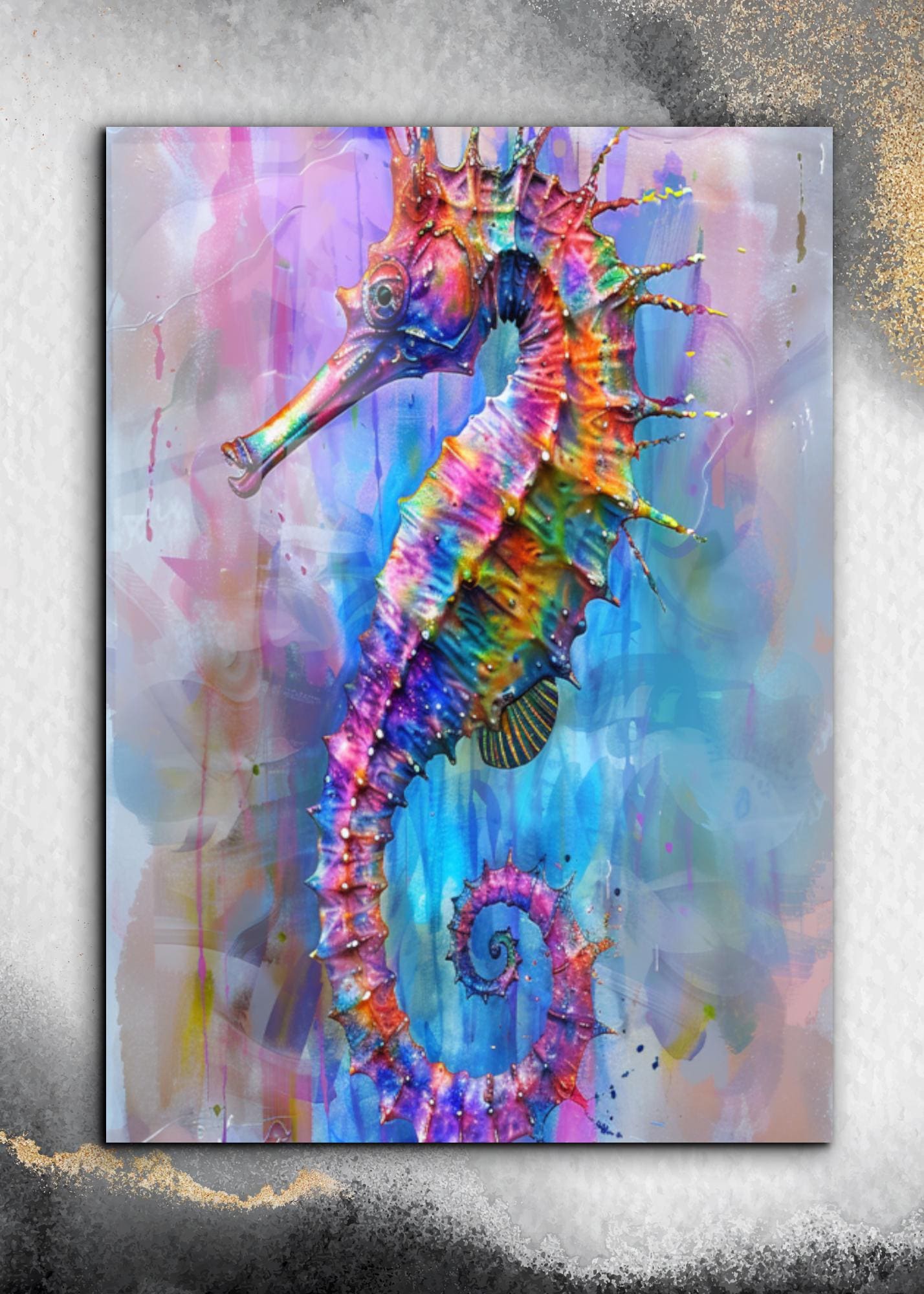 カラフルなタツノオトシゴの水彩画 - 強化ガラスウォールアート