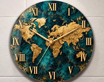 Turquoise Gold World Map Wall Clock, Tempered Glass Clock, Roman Numeral Wall Art, Luxury Teal Marble Geode Clock, Modern Office Decor