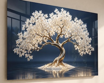 White Pearl Tree of Life Tempered Glass Wall Art, Gold Tree Decor, Luxury Navy Blue Wall Art