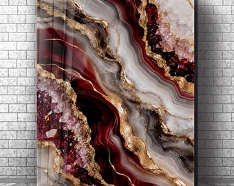 Burgundy Agate Tempered Glass Wall Art, Gold Geode Crystal Decor