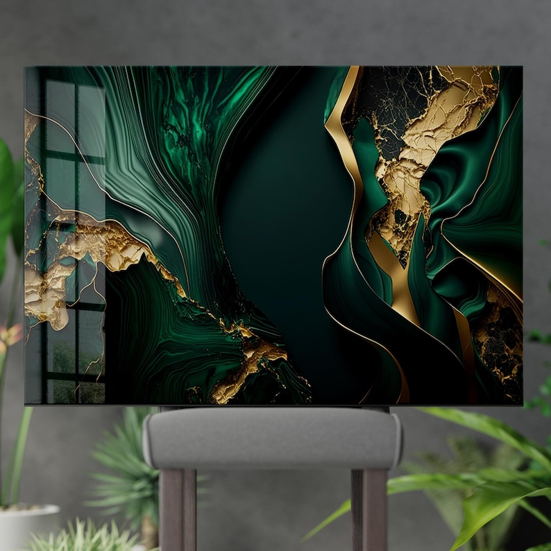 Emerald Green and Gold Tempered Glass Abstract Wall Art - Etsy