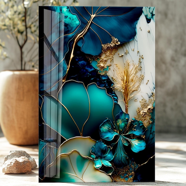 Turquoise and Gold Abstract Floral Tempered Glass Wall Art