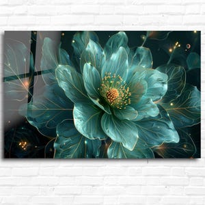Painting Green Flower with Gold Accents-Flower Abstract Art on Tempered Glass Wall Art- Large Wall Art-Glass Wall Art-Home Decor-Unique Gift