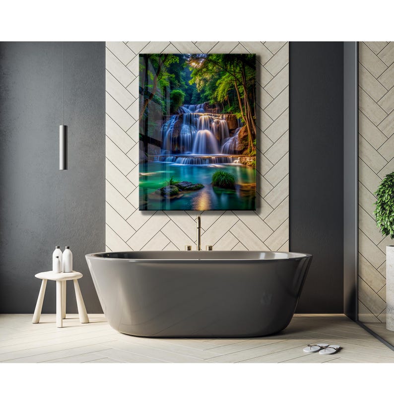 Tempered Glass Waterfall Wall Art: Modern Panoramic Landscape image 8