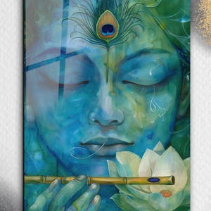 Arte de parede em vidro temperado | Arte de parede com o Deus Hindu Krishna | Decoração de parede grande | Arte de parede abstrata | Presentes de inauguração | Decoração para casa | Presente para ela