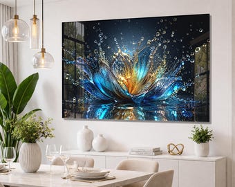 Glass Lotus Splash Wall Art – Blue Gold Floral Tempered Glass Decor