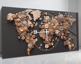 Tempered Glass World Map Wall Clock, Modern Gear Design (50x110 cm)