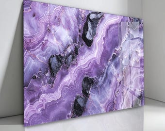 Arte de parede em vidro temperado com efeito geodo roxo – Decoração de luxo para casa inspirada em cristais