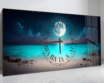 Moon Ocean Glass Wall Clock, Oversized Tempered Glass Wall Art, Silent Modern Wall Clock, Extra Large Wall Decor (  20” x 43” )