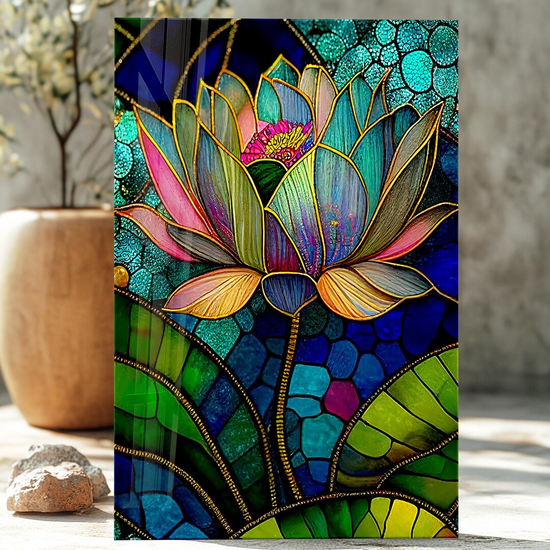 Stained Glass Style Lotus Flower Wall Art: Tempered Glass Meditation ...