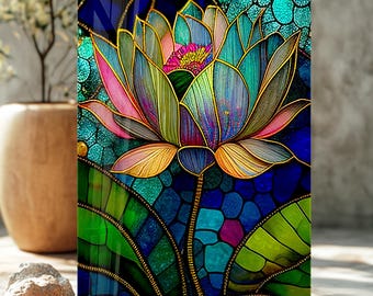 Stained Glass Style  Lotus Flower Wall Art: Tempered Glass Meditation Decor