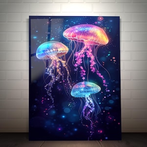 Neon Jellyfish Wall Art on Tempered Glass – Ocean Life Large Wall Decor - Glowing Jellyfish Home Decor - Coastal Glass Art - nautical gifts