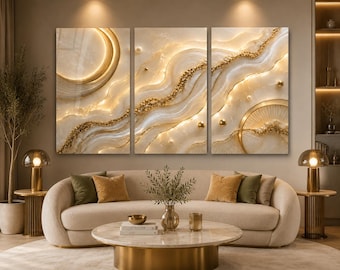 Luxury White & Gold Tempered Glass Wall Art – Abstract Agate Crystal Inspired Decor