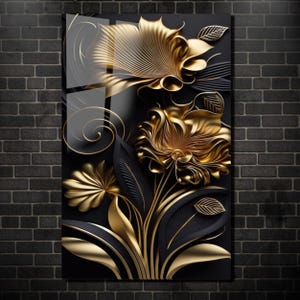 Black & Gold Flower Wall Art - Tempered Glass Panel - Elegance Floral Wall Decor - Unique Home Decor - Large Wall Art - New Home Gift