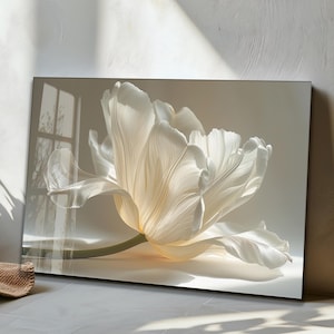 May include: A canvas print featuring a large, white tulip flower. The flower's petals are detailed and textured, with soft shadows and light. The artwork is set against a neutral background. The image evokes a sense of natural beauty and elegance.