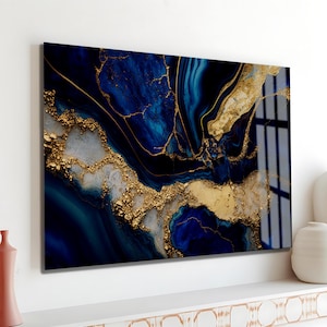 Blue Gold Abstract Marble Art - Tempered Glass Wall Art - Glass Wall Art - Home Decor - Blue Marble Wall Decor - Wall Hangings - Home Gift
