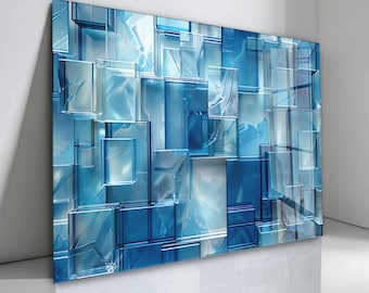 Blue Geometric Abstract Art: Tempered Glass Panoramic Wall Decor - Horizontall or Verticall
