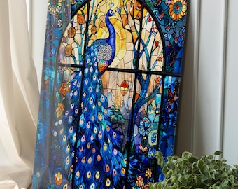 Stained Glass Peacock Tempered Glass Wall Art: Elegant Floral Decor