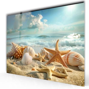 Tropical Ocean Wall Art-Beach Seashells Glass Wall Art -Tempered Glass Wall Art-Beach House Decor,Starfish Wall Art-Glass Printing-Home Gift