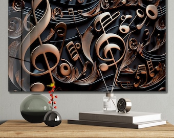 Golden Music Notes Tempered Glass Wall Art - Modern Music Room Decor