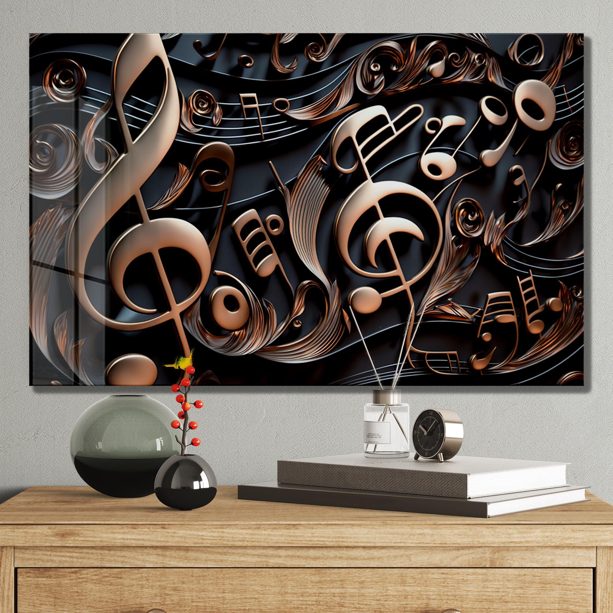 Golden Music Notes Tempered Glass Wall Art - Modern Music Room