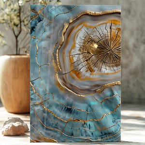 May include: A rectangular wall art piece featuring an abstract design of a cross-section of a tree trunk combined with agate stone patterns. The artwork displays concentric rings in shades of blue, white, and gold, with metallic gold veining.